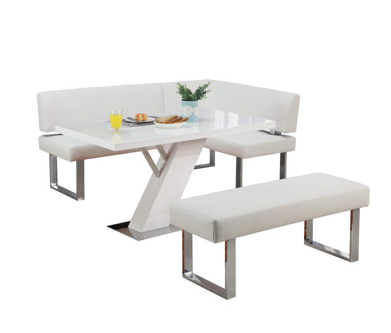 LINDEN Contemporary Dining Set w/ White Gloss Table, Upholstered Bench & Nook