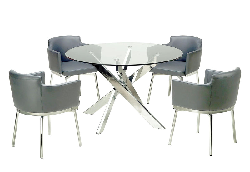 DUSTY Modern Dining Set w/ Round Glass Table & Swivel Club Chairs