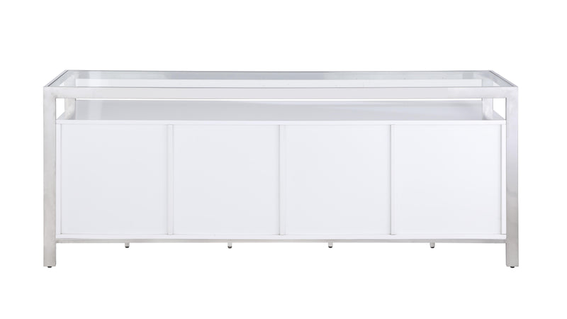 KRISTA-BUF Modern White Buffet w/ Stainless Steel & Tempered Glass Top