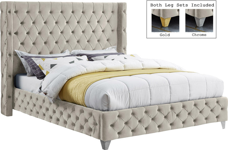 Savan Cream Velvet Queen Bed