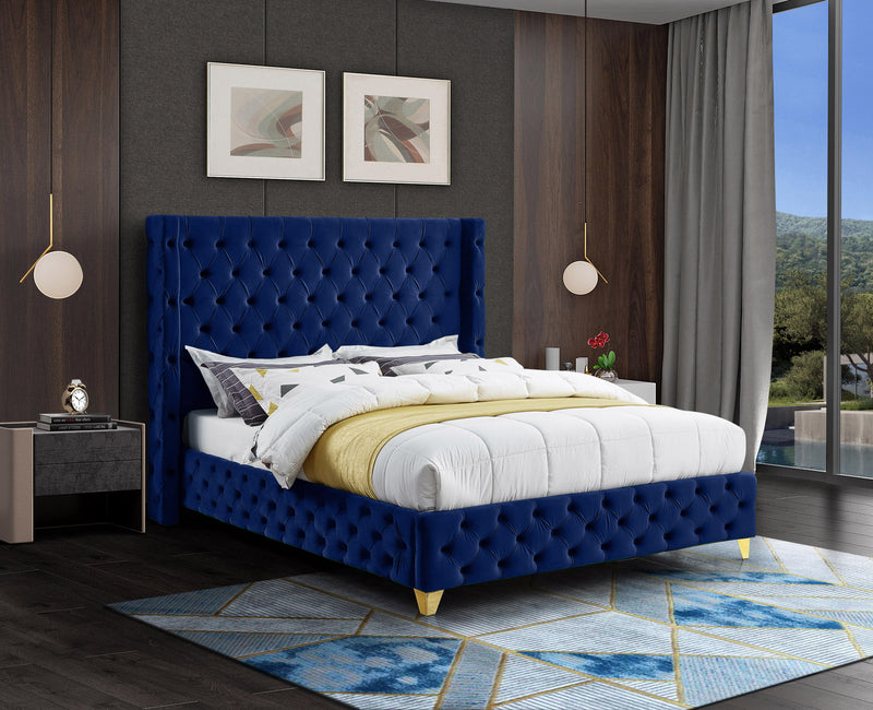 Savan Navy Velvet Queen Bed